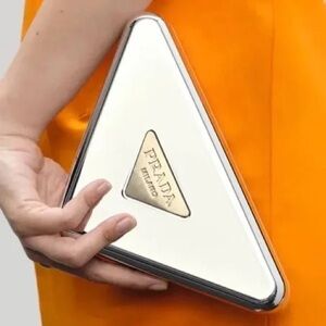 Back in Stock!Prada Rare Cream Triangle Hand Clutch with Silver Trim 7*7*10 *2in